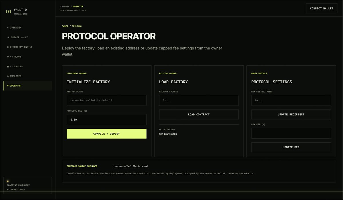 VltPrt0's tweet photo. Meet the Vault 0 Protocol Operator.

The control layer behind the entire protocol.

From one terminal, the owner can:

→ Deploy the Vault 0 factory
→ Load an existing onchain deployment
→ Configure the protocol fee recipient
→ Update capped fee settings
→ Keep all critical actions signed directly from the owner wallet

No hidden backend access.
No private keys stored by the website.
No unsigned protocol changes.

Every deployment and update remains fully onchain and wallet-controlled.

Website: https://t.co/0DLcn4JUmU

One control room. Full protocol authority.