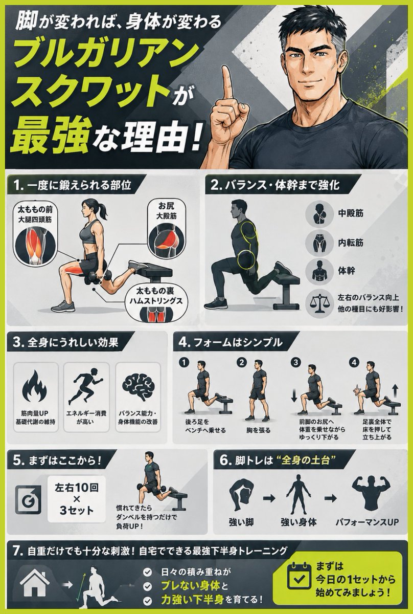 ken_restart's tweet photo. 脚が変われば、身体が変わる
ブルガリアンスクワットが最強な理由！

脚を太くしたい。
お尻を引き締めたい。
スポーツのパフォーマンスも上げたい。

そんな人にまず取り入れてほしいのが
ブルガリアンスクワットです。
片脚で行う種目なので地味に見えますが、
下半身へ入る刺激は想像以上です。

この種目では、
✅ 太ももの前（大腿四頭筋）
✅ お尻（大殿筋）
✅ 太ももの裏（ハムストリングス）
といった大きな筋肉を一度に鍛えられます。

さらに、片脚で身体を支えるため、
・中殿筋
・内転筋
・体幹
まで自然に働きます。

左右のバランスや骨盤の安定性も高まり、
スクワットやデッドリフトなど他の種目にも
良い影響が出やすくなります。

下半身は全身の中でも特に筋肉量が多い部位です。
そのため、大きな筋肉を動かす
トレーニングはエネルギー消費量も高く、
基礎代謝の維持にも役立ちます。

また、片脚で行うレジスタンストレーニングは
筋力向上だけでなく、バランス能力や身体機能の
改善にも有効であることが報告されています。

フォームはシンプルです。
・後ろ足をベンチへ乗せる
・胸を張る
・前脚のお尻へ体重を乗せながらゆっくり下がる
・足裏全体で床を押して立ち上がる

まずは左右10回×3セット。
慣れてきたらダンベルを持つだけで
負荷を大きく上げられます。

脚のトレーニングはきついから
避けたくなる人も多いですが、その積み重ねが
全身の土台になります。

強い脚は、強い身体の土台。

自重だけでも十分な刺激が得られる
ブルガリアンスクワットは、自宅でも始められる
最強クラスの下半身トレーニングです。

日々の積み重ねが、
ブレない身体と力強い下半身を育ててくれます。

まずは今日の1セットから始めてみましょう！💪🔥