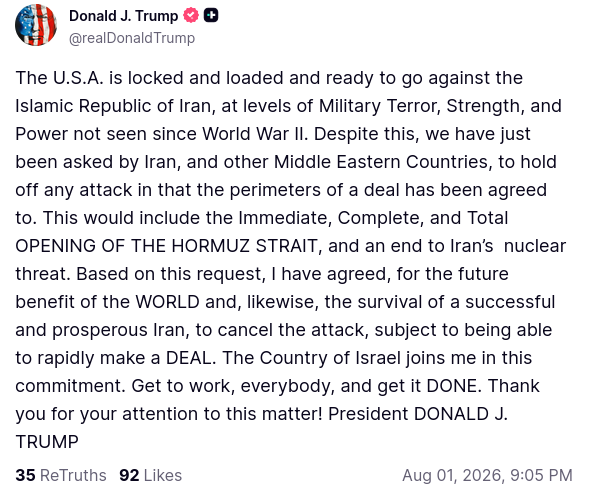 sentdefender's tweet photo. President Donald J. Trump has announced on Truth Social that at the request of Iran, and other Middle Eastern countries, to 'hold off any attack in that the perimeters of a deal has been agreed to." President Trump says this potential deal will include the total opening of the Strait of Hormuz and an end to the Iranian nuclear threat.