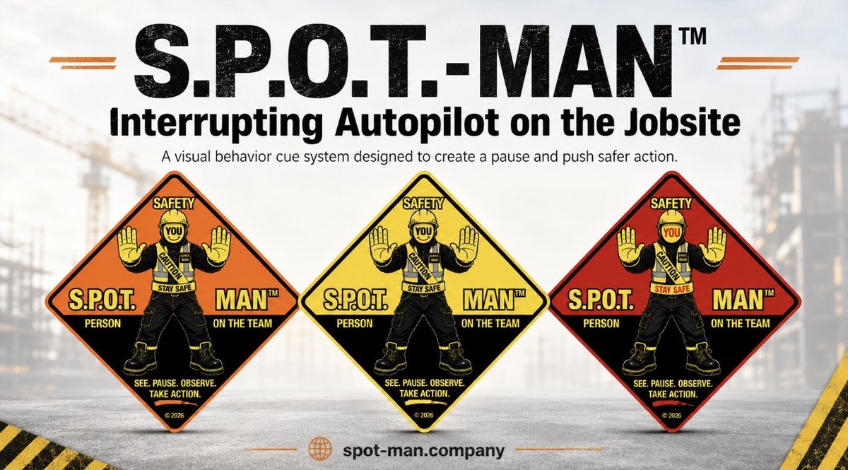 SPOTMANCompany's tweet photo. 🚧 One pause can prevent a lifetime of https://t.co/tpzIRUidfw S.P.O.T.-MAN™ — the Safety Person On Team visual cue that puts the face of safety where it belongs: on YOU.Three threat levels to match the risk: 📷📷 Focused – elevated risk & distraction
 Critical – high-risk zones & incident-prone areas  See. Pause. Observe. Take Action.
Available in English & Spanish.Mount it at eye level, keep it moving with the hazard, and make autopilot https://t.co/DctJMjrsNp the signs & hard-hat decals → https://t.co/Gz8DakT0tG#SafetyFirst #ConstructionSafety #JobsiteSafety #SPOTMAN #BBS