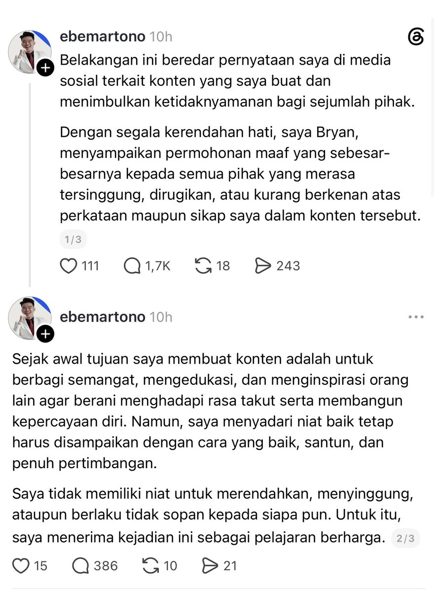 insidefolkative's tweet photo. Klarifikasi dari konten kreator Emanuel Bryan ebem:

"Belakangan ini beredar pernyataan saya di media sosial terkait konten yang saya buat dan menimbulkan ketidaknyamanan bagi sejumlah pihak.

Dengan segala kerendahan hati, saya Bryan, menyampaikan permohonan maaf yang sebesar-besarnya kepada semua pihak yang merasa tersinggung, dirugikan, atau kurang berkenan atas perkataan maupun sikap saya dalam konten tersebut.￼

Sejak awal tujuan saya membuat konten adalah untuk berbagi semangat, mengedukasi, dan menginspirasi orang lain agar berani menghadapi rasa takut serta membangun kepercayaan diri. Namun, saya menyadari niat baik tetap harus disampaikan dengan cara yang baik, santun, dan penuh pertimbangan.

Saya tidak memiliki niat untuk merendahkan, menyinggung, ataupun berlaku tidak sopan kepada siapa pun. Untuk itu, saya menerima kejadian ini sebagai pelajaran berharga.￼

dan Saya berkomitmen untuk lebih berhati-hati dalam berbicara, bersikap, dan membuat konten ke depannya. Saya akan terus belajar, memperbaiki diri, dan berusaha menjadi pribadi yang lebih bijaksana.

Sekali lagi, saya memohon maaf dengan tulus kepada semua pihak yang terdampak.

Terima kasih atas kritik, masukan, dan kesempatan yang diberikan kepada saya untuk menjadi lebih baik."

Hormat saya,

Bryan￼