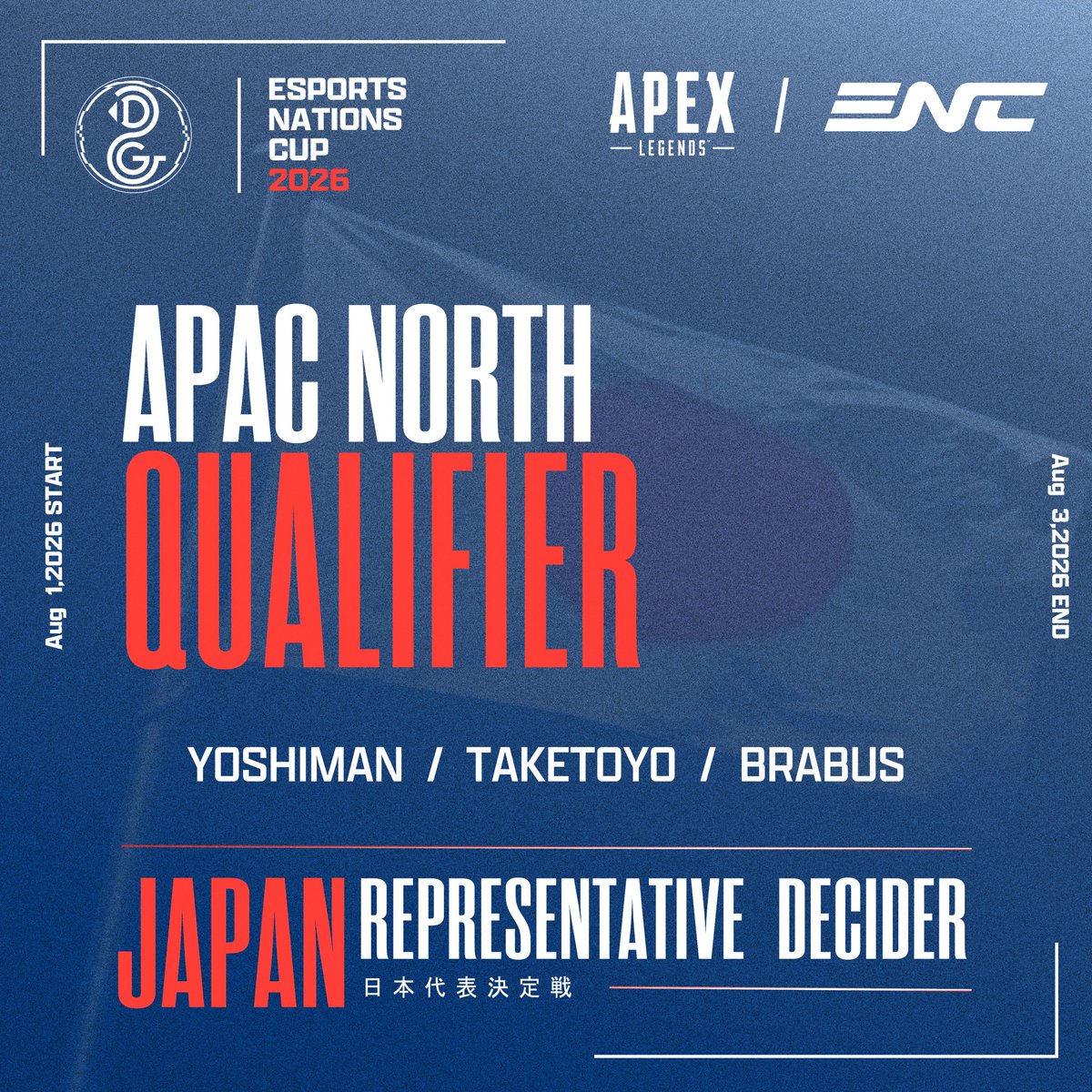 DeltanGaming's tweet photo. 【8/2 12:00-】Esports Nations Cup 2026 Apex Legends
◆Deltan gaming roster🔥
・Taketoyo
・Yoshiman
・BRABUS
#DGWIN #ENC https://t.co/YSGFV5biGL