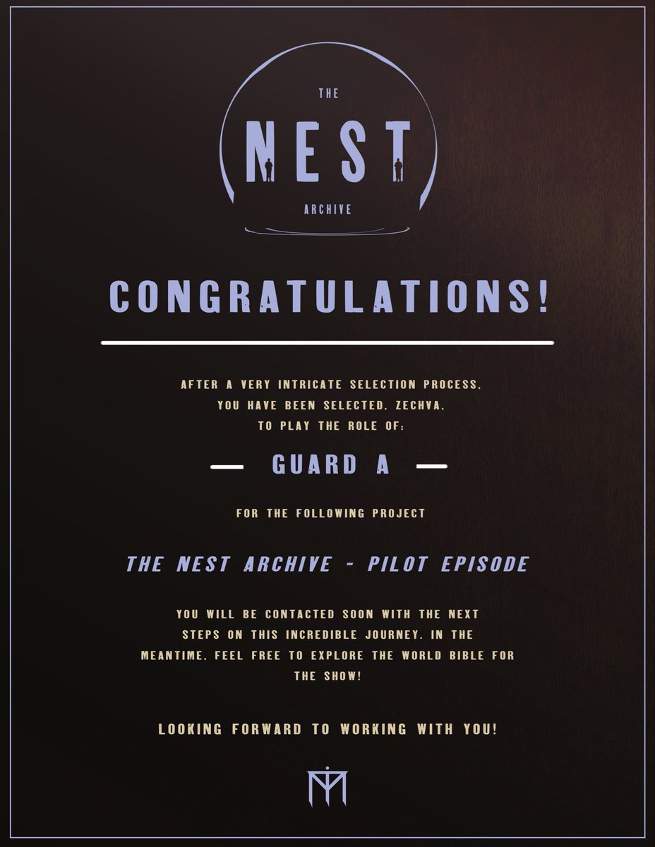 Zechva's tweet photo. ROLE ANNOUNCEMENT

I’ve been cast as Guard A in the upcoming show: The Nest Archive.
Thank you to The Nest Archive for the opportunity. Can’t wait for the project to drop so everyone can hear the role. I’m so excited. I have been working so hard and I won’t stop. - ZechVA https://t.co/v28nbu9zce