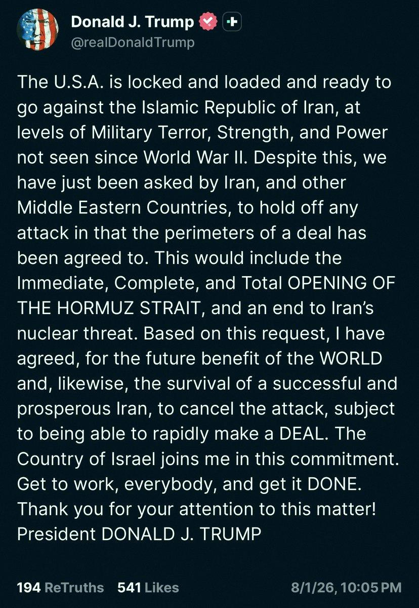 Koda10151's tweet photo. 速報：トランプ大統領、イランへの攻撃中止を発表。「取引の枠組み」に合意したと主張。

この取引には「ホルムズ海峡の全面再開」が含まれるとのこと。 https://t.co/kaGvjJ96LB