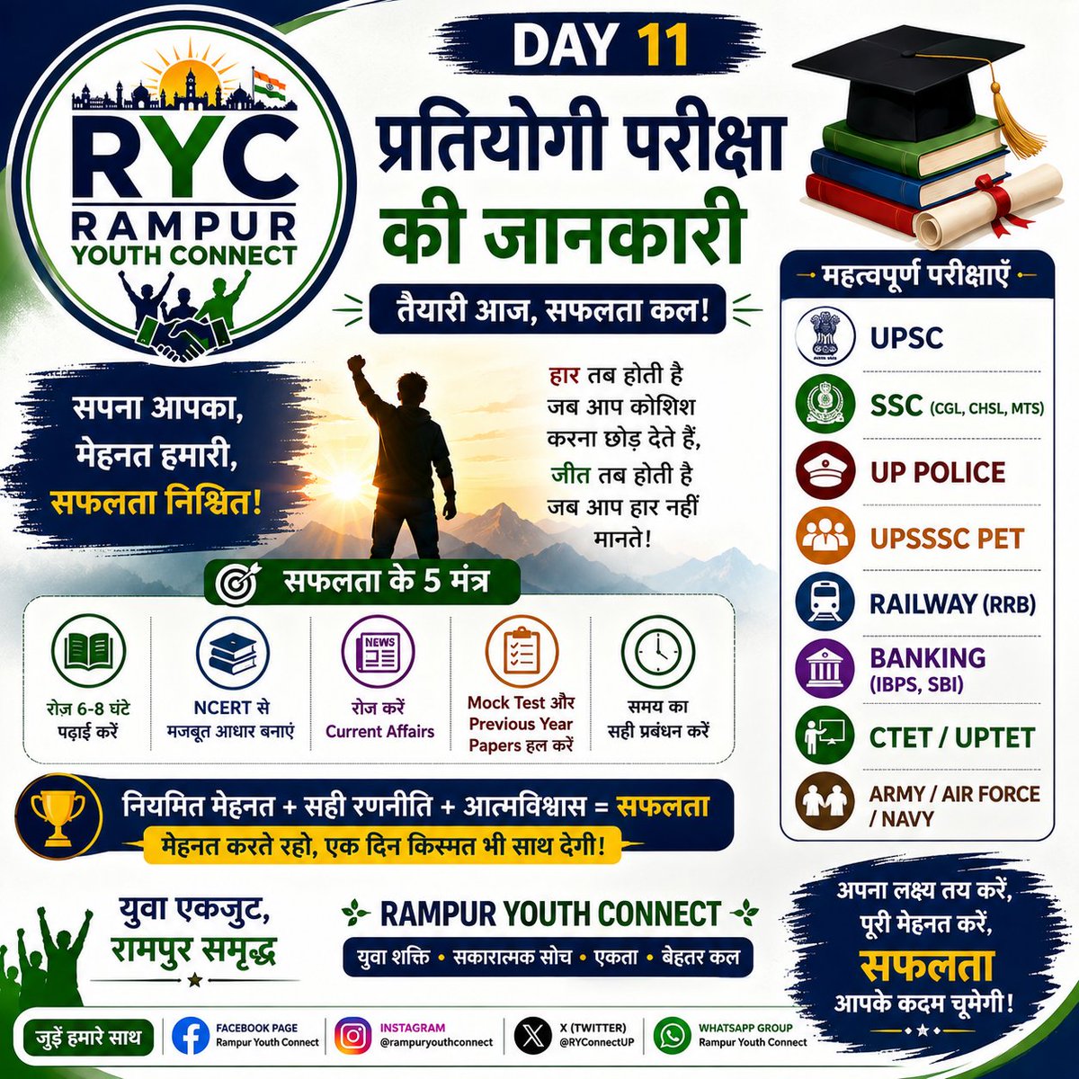 RYConnectUP's tweet photo. 📚 सफलता मेहनत और सही तैयारी से मिलती है।
UPSC, SSC, Railway, Banking, UP Police या अन्य प्रतियोगी परीक्षाओं की तैयारी कर रहे हैं?
मेहनत जारी रखें, सफलता आपका इंतज़ार कर रही है।
#RampurYouthConnect #CompetitiveExams #GovernmentJobs #Education https://t.co/hceJm2DPeB