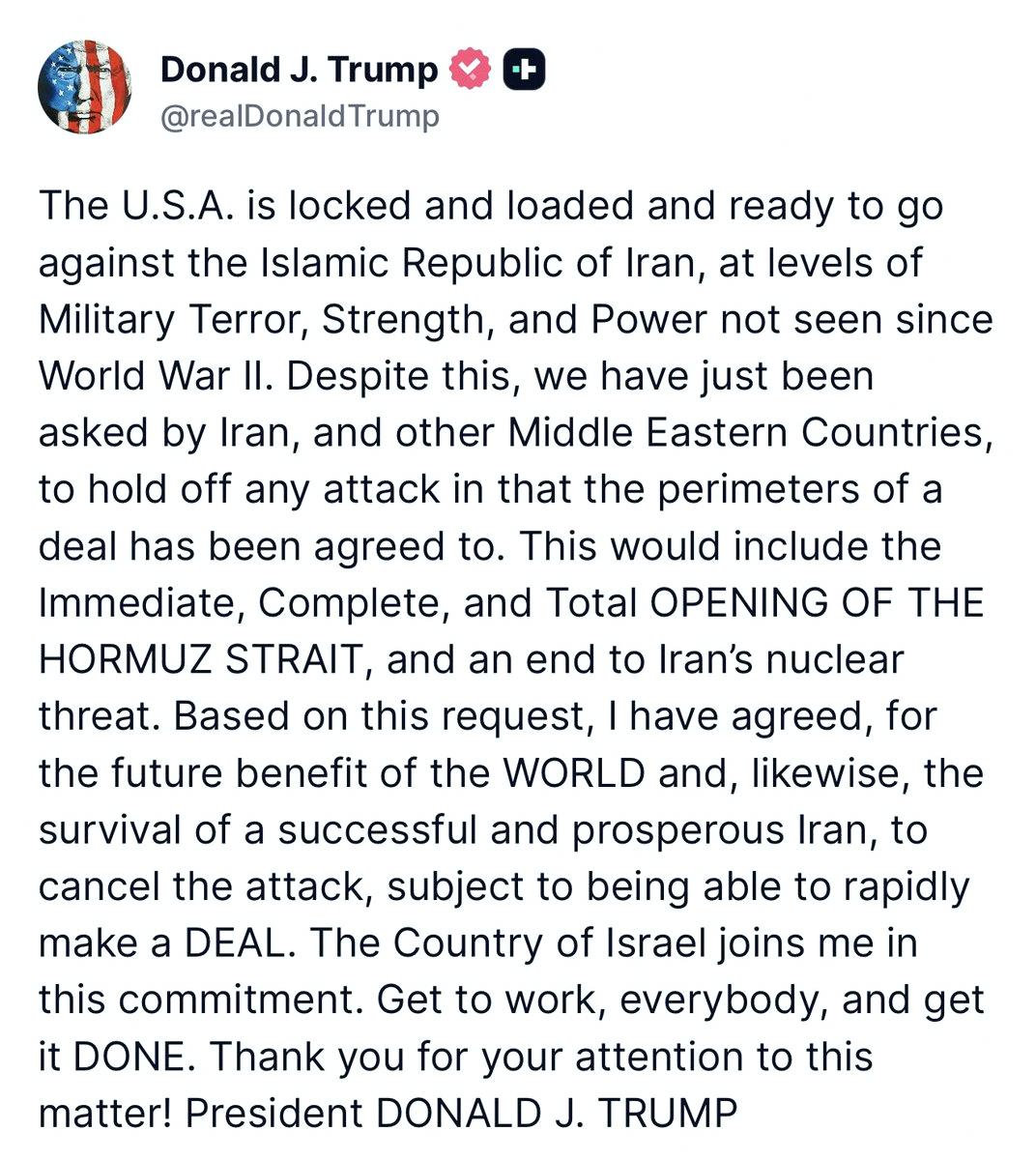 anpanms's tweet photo. トランプ氏：

- イランと中東諸国から要請があって、早期に合意できるならイラン攻撃を中止することに同意

- その合意には、海峡の開放と核兵器を持たないことが条件みたい

なんか大統領、7月よりは8月のスタートをちょっと良くしようとしてるっぽいね😅 https://t.co/hSIicwpnfv