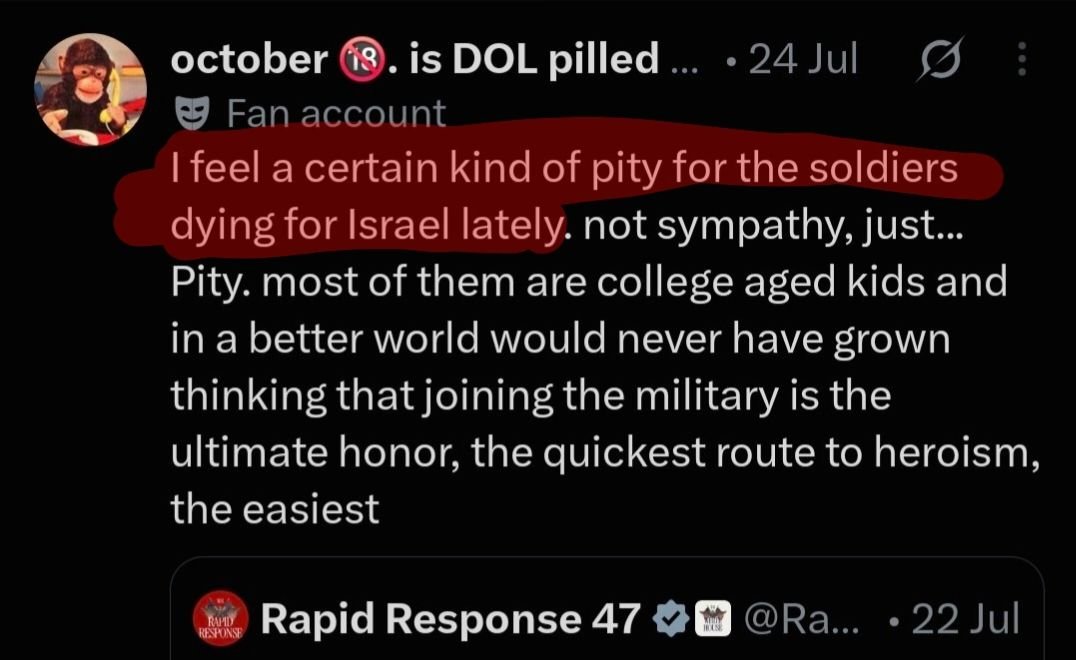 maitrevamp's tweet photo. you pick weird hills to die on .

 didn't gaf about me getting my privacy invaded, harassed for 24 hours straight or being sent into a psychotic spiral. but war sympathising? oh thats just fine.

also, i'm in therapy and not the only one upset ! hope this helps. https://t.co/vxAeOzK5HL