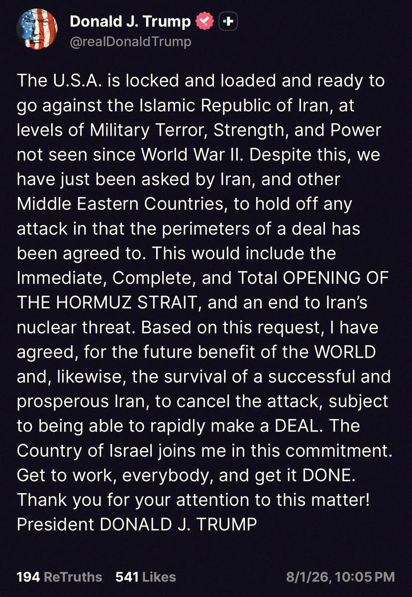 rickyluich's tweet photo. Big news: Trump just announced he's called off the US strike on Iran, saying they've basically reached an agreement. He says the deal will include fully reopening the Strait of Hormuz. https://t.co/br1Nbkvba4