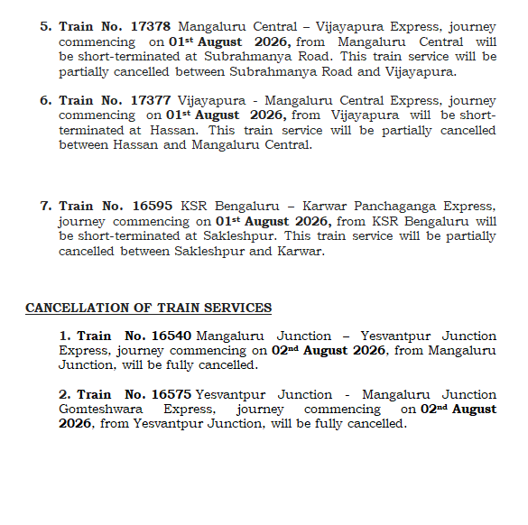 DRMPalghat's tweet photo. CHANGES IN THE TRAIN SERVICES
Due to landslip in the Mysore division, the following changes are made to the train services:
#IndianRailways #Mysore #Landslip #TrainUpdate #PassengerInfo https://t.co/4pf0NBUpFm