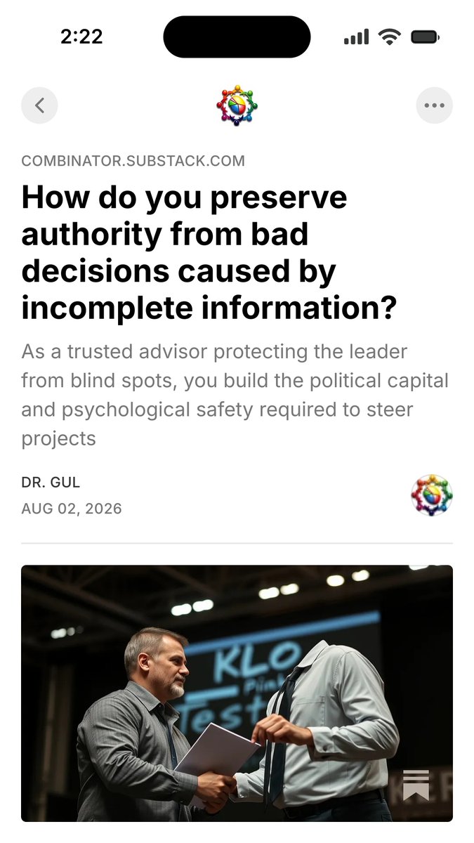 Dr_Gul_'s tweet photo. Q: How do you preserve authority from bad decisions caused by incomplete information?
A: As a trusted advisor, you are protecting the leader from blind spots; you build political capital.
https://t.co/s4WQXW3FKv https://t.co/cfp6AJMfwu