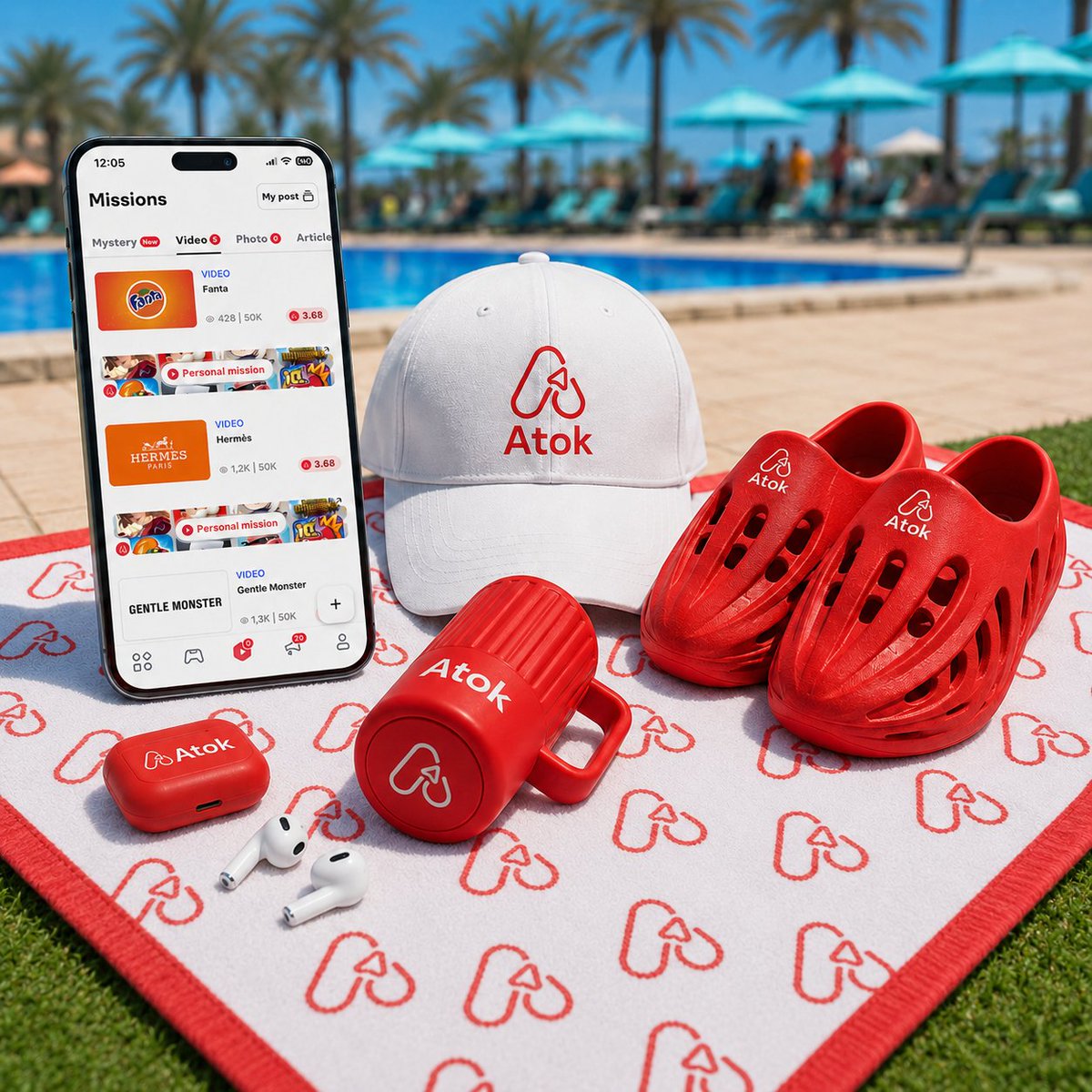 Atok_App's tweet photo. GM ☀️ Poolside, Atok missions still running in the background. Watch a video, stack rewards, repeat. This is what earning $ATOK while touching grass looks like ❤️ https://t.co/IzZPEB5RBR