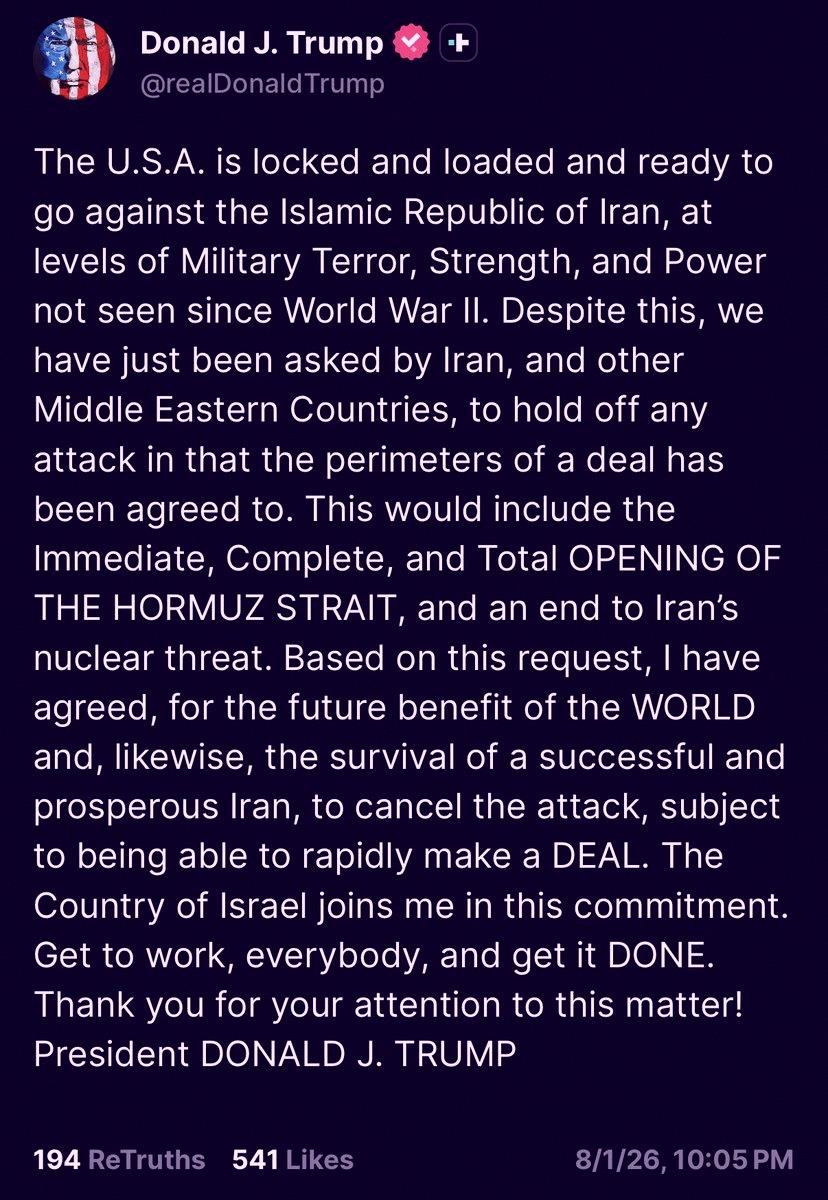 ct_mami's tweet photo. 速報：トランプ大統領が米国のイラン攻撃を中止したと発表。「取引の枠組み」に合意したとも言ってる。

この取引には「ホルムズ海峡の��面再開放」が含まれる���しい。 https://t.co/HnO88cbKOL