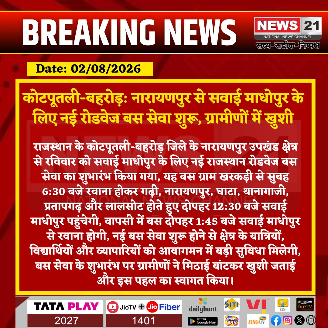 news21national's tweet photo. #KotputliBehror: कोटपूतली-बहरोड़: नारायणपुर से सवाई माधोपुर के लिए नई रोडवेज बस सेवा शुरू, ग्रामीणों में खुशी
#News21National 
 #Narayanpur #SawaiMadhopur #RajasthanRoadways #Roadways #BusService #Rajasthan #PublicTransport https://t.co/FInDVIesgg