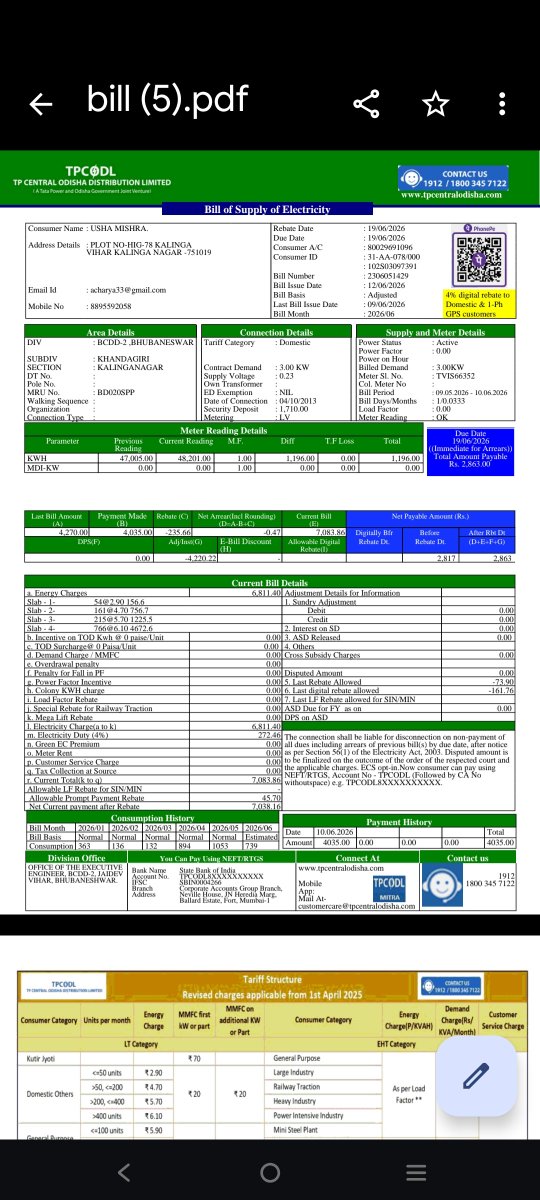 twit_acharya's tweet photo. Can anyone clarify? How can the department send two separate bills for the same time period. And what's this adjustment units..? @TPCentralOdisha https://t.co/HnXv0zM0RO