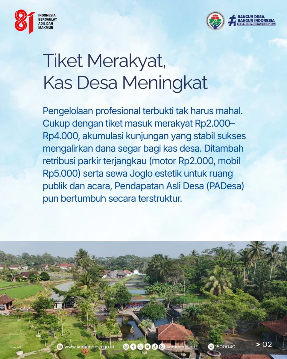 firdaus_lambar's tweet photo. Desa Sawangan, Magelang, BUM Desa Bimasena membuktikan bahwa mata air yang dikelola dengan bijak mampu menghadirkan manfaat bagi banyak orang.
Merawat alam, membangun masa depan desa.
#KemendesPDT
#BangunDesaBangunIndonesia
#HUT81KemerdekaanRI
#KitaIndonesia
#DesaMerdeka https://t.co/wWWPav9Gqk