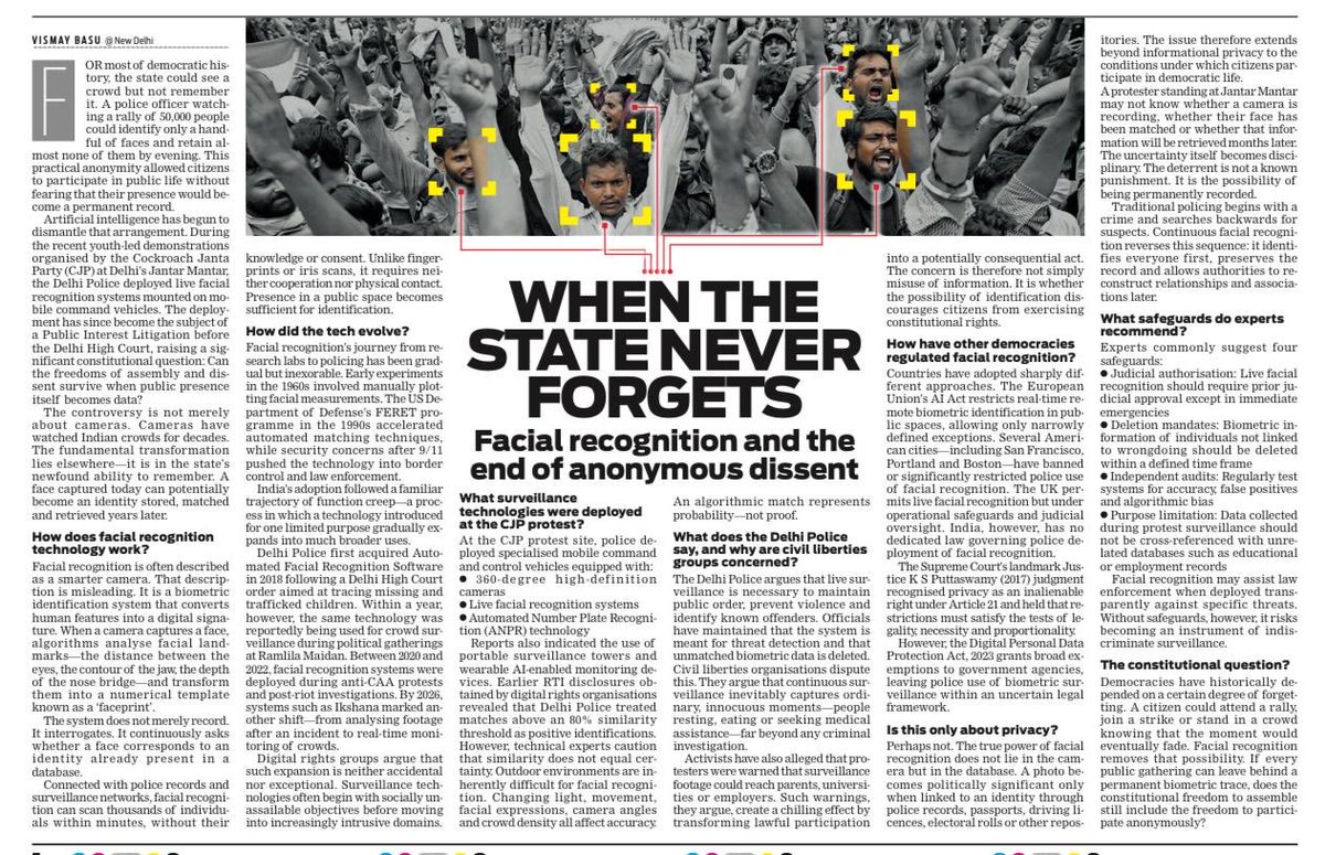 AntoJoseph's tweet photo. When the state ‘recognises’ you in a crowd, that’s the end of anonymous dissent.
Good piece by @VismayBasu on how the govt tracked down the participants in the recent Jantar Mantar protest and its definite fallout. 
⁦@NewIndianXpress⁩ https://t.co/feNjNumTaL