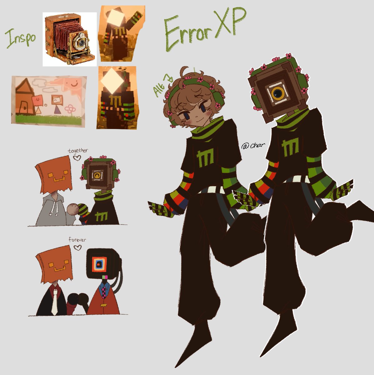 _charcolatte's tweet photo. @paperbox_ouo I also wasn't sure what Error looks like? But I like to think that Error has a vintage camera head while Echo has the TV head. I also make an alternative version of it because at first I did thought the brown on the head was a hair https://t.co/aUyptNywXU