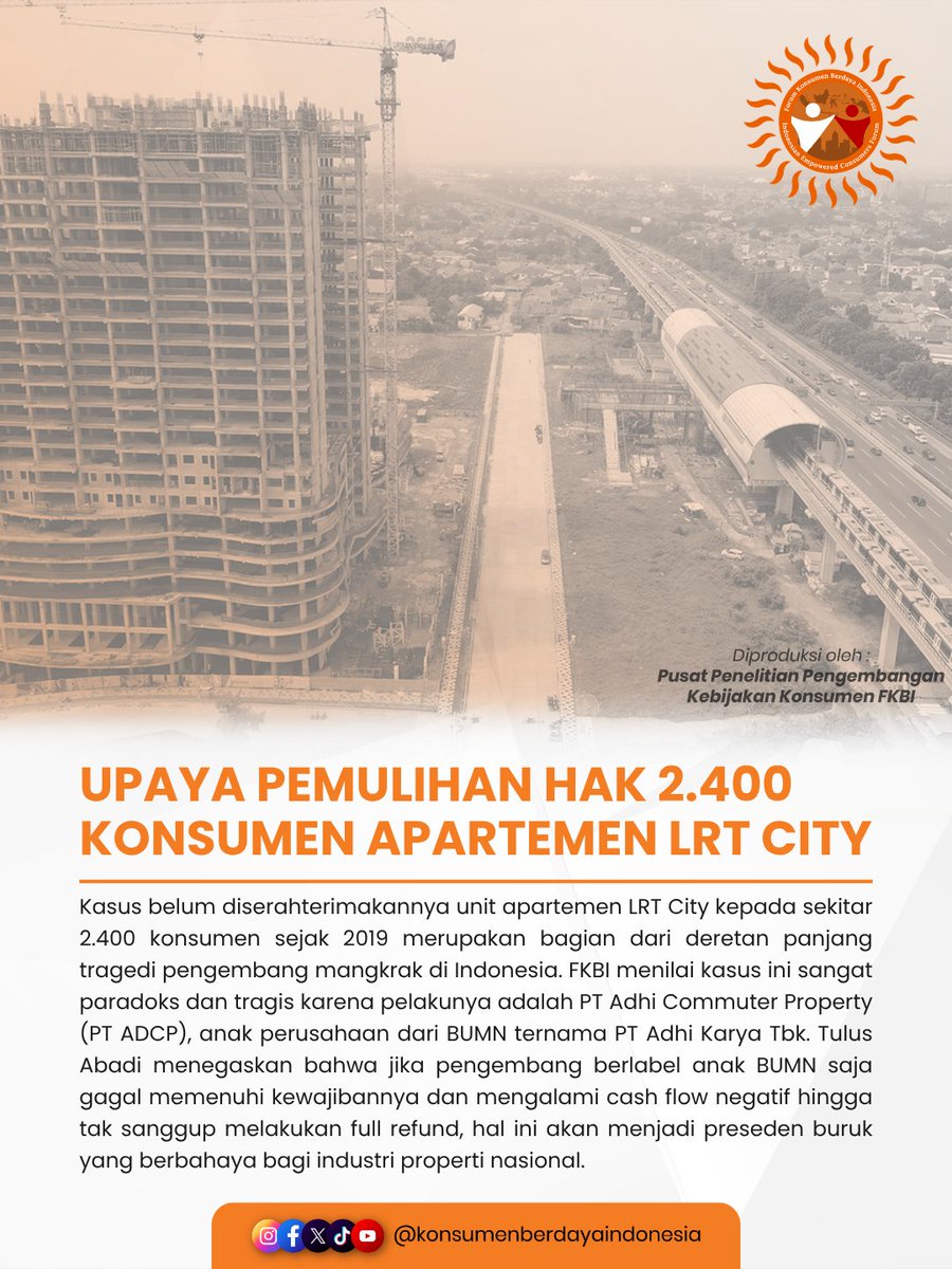 KonsumenBerdaya's tweet photo. 7 tahun menanti, unit yang dijanjikan tak kunjung diserahkan. PPJB sudah diteken sejak 2019, tapi hingga 2026 nasib konsumen LRT City 😔

Ironisnya, pengembangnya adalah anak usaha BUMN 🏢 Negara harus hadir, jangan biarkan hak konsumen terpinggirkan! ✊

#lrt #lrtcity #apartemen https://t.co/NTBAVl9T5b