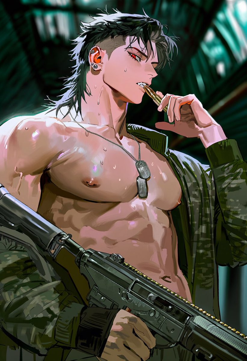 NULL___NOTFOUND's tweet photo. 탄창먹기

1boy, male focus, solo, topless male, bare pectorals, toned male, 
military jacket on shoulders, jacket over shoulders, off shoulder, 
1.4::open jacket, camouflage jacket::, military pants, dog tags, 
1.8::mouth hold::, magazine (weapon), biting magazine, 
holding magazine (weapon), hand up, fingers on magazine, hand near mouth, {{holding assault rifle magazine}}, curved box magazine, 
metal magazine, ammunition magazine, rectangular metal object, 
{{bullets}}, ammunition, brass casing, 
mouth hold, biting magazine, teeth gripping metal

upper body, close-up, face focus, from below, low angle, 
looking at viewer, 
sweat, dim lighting, rim light, blurry background, depth of field, 
masterpiece, best quality, very aesthetic, absurdres