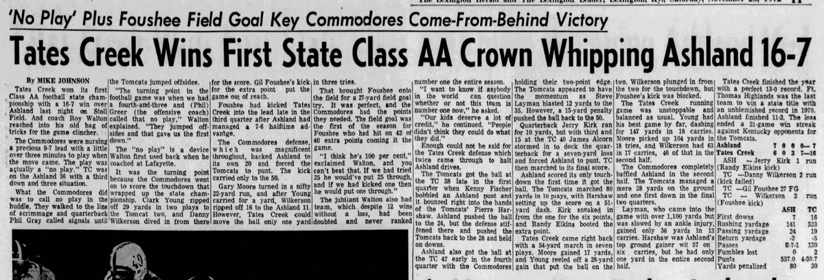 KYHSHistory's tweet photo. Tates Creek were state football champs (11-24-72) and finished undefeated. It was the "no-play" signal calling of QB Phil Gray that was the deciding factor. 
Game contested at Stoll Field.
Read all about it. https://t.co/ctwQS0uHIk