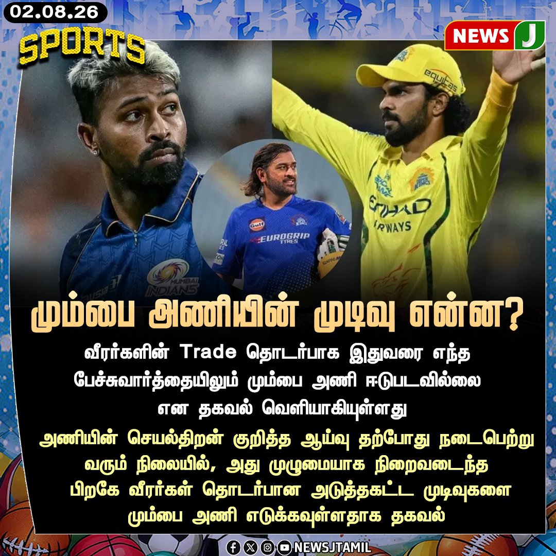 NewsJTamil's tweet photo. #NewsUpdate || மும்பை அணியின் முடிவு என்ன? | NewsJ
#MumbaiIndians #IPL #PlayerTrade #MI #CricketNews #NewsJ https://t.co/JExJXsrvvL