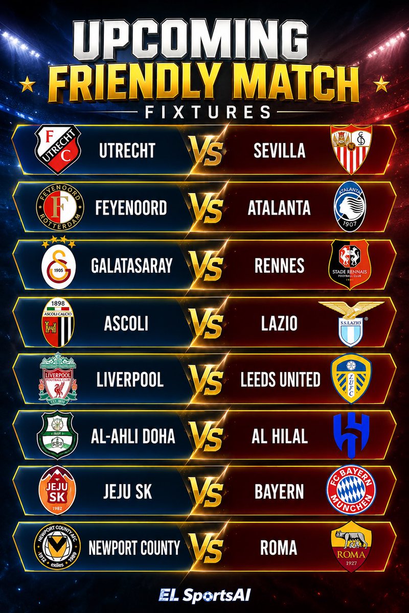 ELSportsAI's tweet photo. The countdown begins! 🔥 Which friendly clash are you most excited to watch? ⚽👀

#FriendlyMatch #Football #PreSeason #Soccer #ELSportsAI https://t.co/MdlG6aR70h