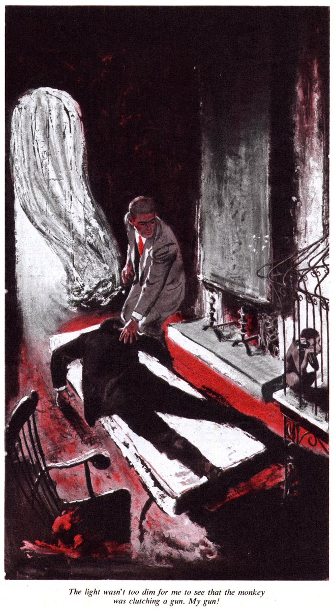 LRonLacy's tweet photo. In #AUGUST 1951
🧵👇
‘The light wasn’t too dim for me to see that the monkey was clutching a gun. My gun!’
Illustration by Thornton Utz (1914-1999)
#illustration #illustrationart #illustrationartists #ThorntonUtz #noir #mensfashion #interiordesign #interiordecoration #monkey https://t.co/1YMdYNBjI1