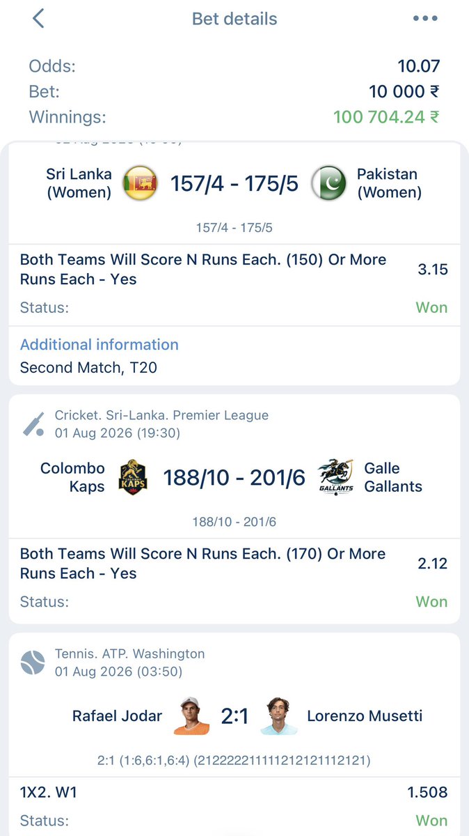books_beat51372's tweet photo. On my good days i can cook this. 🕉️
Cracked 10 odds ✅
Cracked 15 odds ✅
#BettingX #gamblingX #CricketNews #SLvsPAK #LPL #hundred https://t.co/kax6nFCpDe