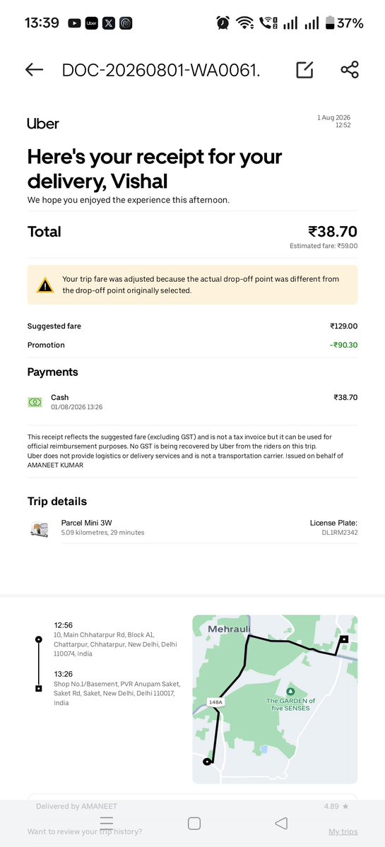 vaachaal_'s tweet photo. Hey @Uber @Uber_India @UberIN_Support  , I was charged INR 138 after showing 38 as my fair. And your customer support is useless on the app. Please resolve. Attaching the details. https://t.co/8HFsx1XNi9