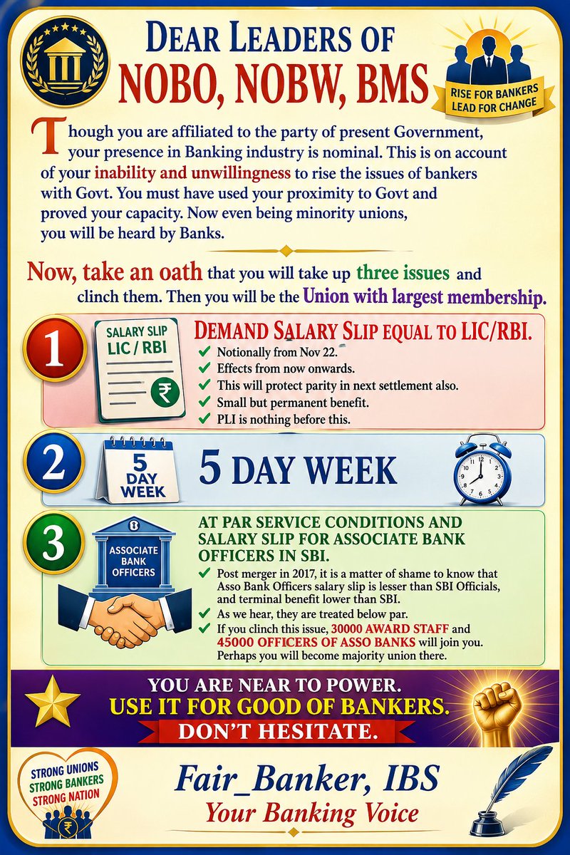 Fair_Banker's tweet photo. OpEd to @gsnobo1977 #NOBW #nobo @BMSkendra
Use your clout with BJP Govt. Clinch Salary=LIC RBI, 5DW, At par to ABs Officers in SBI.
You will get huge members -Officers (45K) Award Staff (35K) in SBI, and all PSBs. Do good
@AISBOF @aiboc_in @ncbeofficial @SbioaC
@CircleSbioa https://t.co/xK1avFfwnI