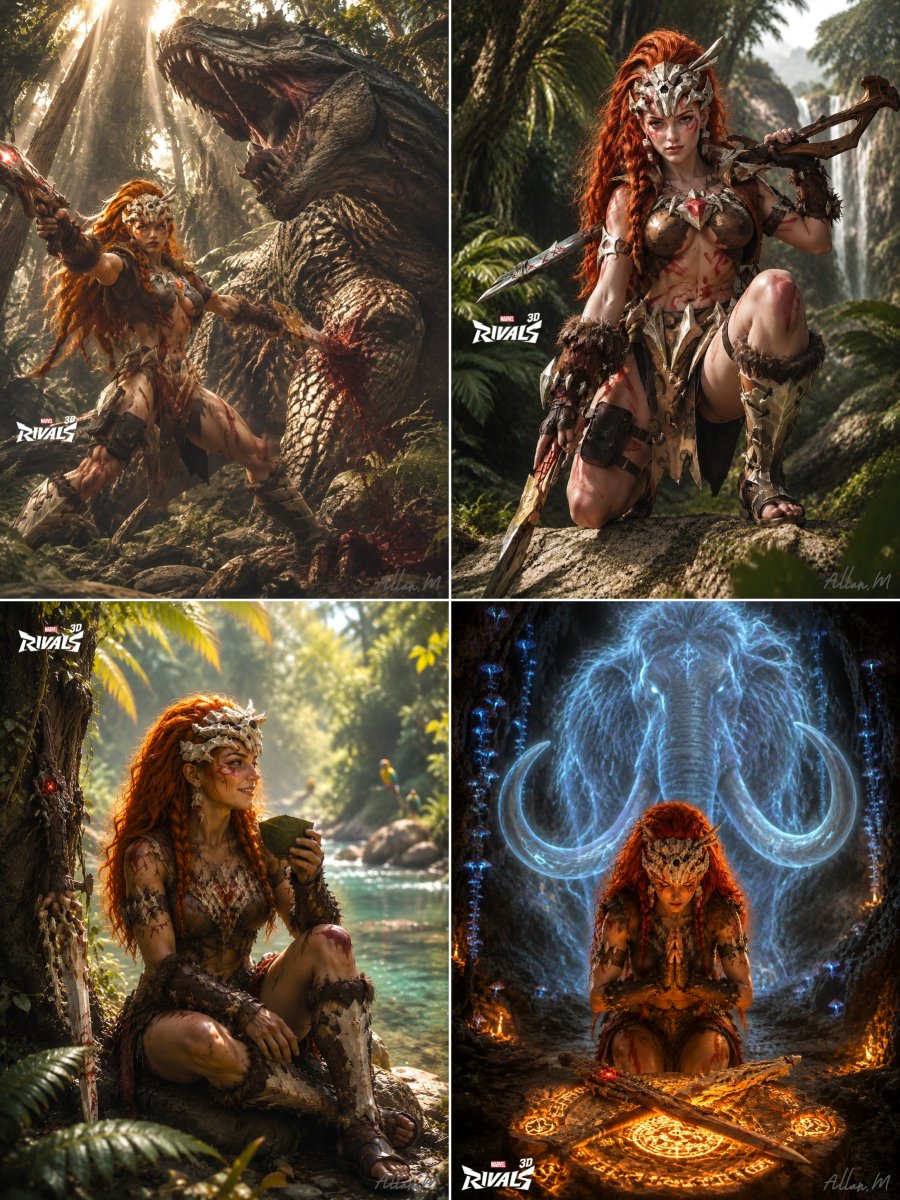 allanM_kg's tweet photo. The "Jungle Queen" Elsa Bloodstone variant from the S9 Pass actually redesigned her facial contours and expression! 🍃

Inspired by this, I created a series around the theme "Red-Haired Warrior of the Forest." 🎨

#MarvelRivals  #ElsaBloodstone  #AIGC https://t.co/TNNIItHz4P