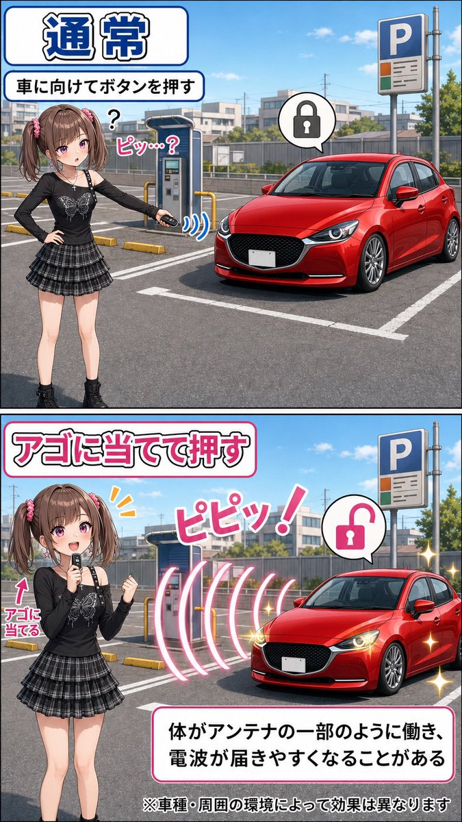tona5714's tweet photo. 手を上に伸ばしてもダメなんよ。
顎に当てないと。
最新のキーレスもこの技が通用するのかは知らん🔓🛜 https://t.co/Cf6xgOMRwI
