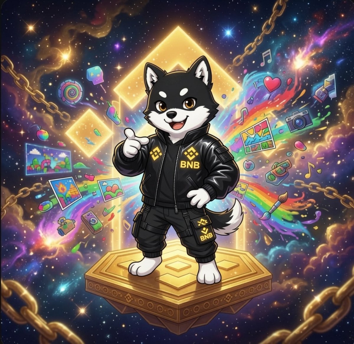 Samirahcheni's tweet photo. ✨MAME on BNB Chain ✨
In the vast universe of Web3, MAME stands proudly on the golden platform of the BNB Chain.

The glowing BNB symbol behind him represents the foundation where MAME was born and continues to thrive.

The golden chains surrounding him symbolize the blockchain — the unbreakable connection that links every creator.

Around him explode countless icons of creativity: paintbrushes, cameras, music notes, artworks, pixel art, and vibrant colors.

All of them embody the spirit of #SaveMemeCulture — no limits, no boundaries, only pure creative freedom.

This is my vision of MAME:
The ultimate meme icon standing at the peak of BNB Chain, surrounded by an explosion of limitless imagination.

@MameBNB @BNBCHAIN
#MAMECreativeChallenge #SaveMemeCulture 

tag : @Cyenlogy_ @henrysondak @0xcynthii
