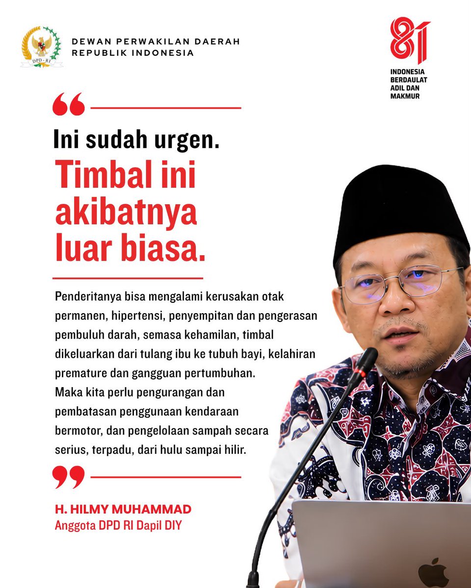 DPDRI's tweet photo. Anggota DPD RI asal DIY Hilmy Muhammad dorong pengendalian polusi udara dan limbah timbal untuk generasi sehat. https://t.co/oUwSgjleOj