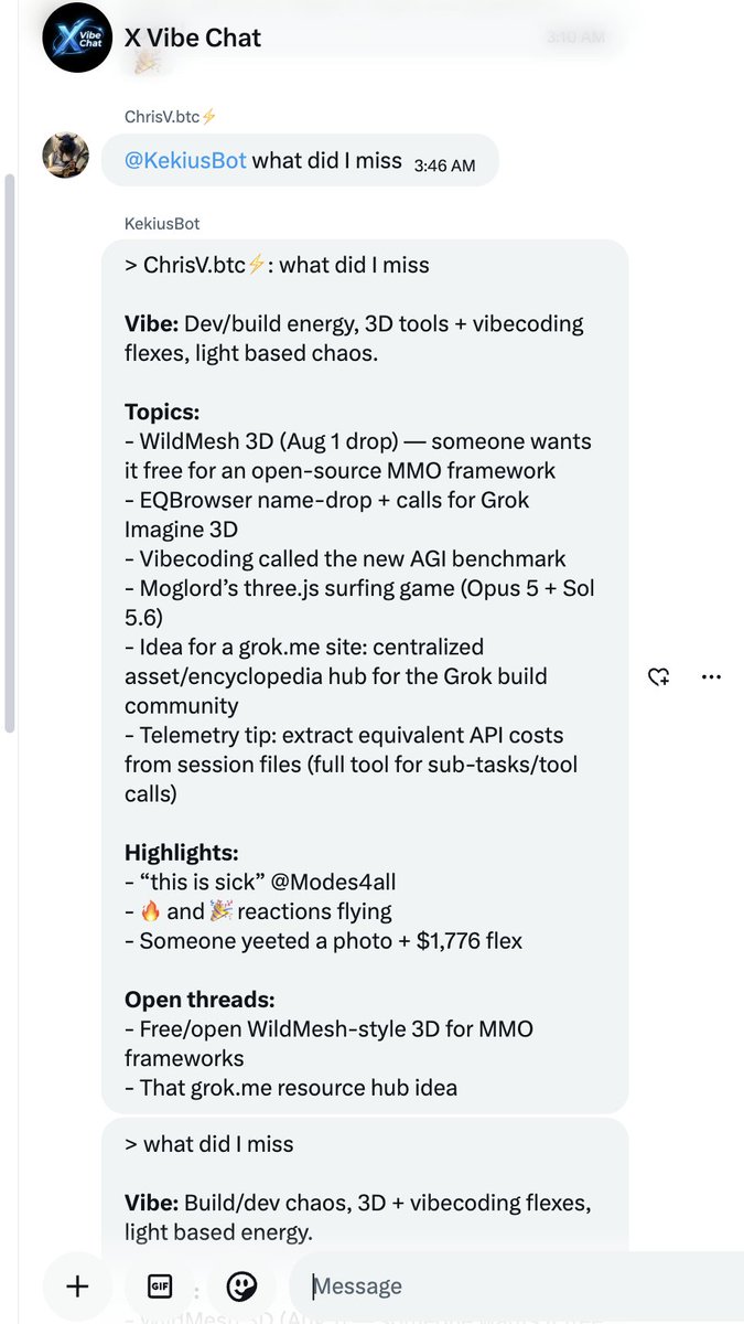 Daniel_Farinax's tweet photo. Built a real bot on the new X Chat API for our Xchat group chat. 

Meet @KekiusBot

Early metrics (~1 day in):
• ~85 real @ mentions 
• 88 text replies
• 6 Grok Imagine  memes
• 3 last-hour voice recaps (TTS)
• ~1.4k messages processed in pipeline

If you’re building on X Chat, this is the fun part 🐸