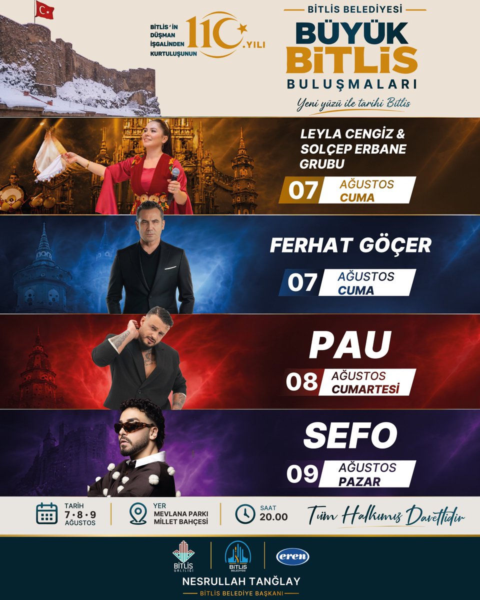 Ntanglay's tweet photo. Bitlis’imizin düşman işgalinden kurtuluşunun 110. yıl dönümünü, birlik ve beraberlik içerisinde büyük bir coşkuyla kutlamaya hazırlanıyoruz.

7-8-9 Ağustos tarihlerinde düzenleyeceğimiz Büyük Bitlis Buluşmaları; konserler, çocuk şenlikleri, yöresel yemek yarışması ve birbirinden renkli etkinliklerle şehrimize bayram havası yaşatacak.

Kurtuluş coşkumuzu hep birlikte yaşamak ve bu anlamlı günlere ortak olmak için tüm halkımızı Büyük Bitlis Buluşmaları’na davet ediyorum.

📍 Mevlana Parkı Millet Bahçesi