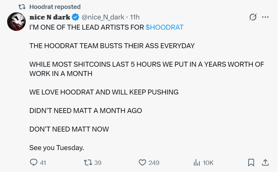 cfm_sol's tweet photo. My personal analysis of the $HOODRAT token’s pump and dump following the suspected Matt Furie account hack incident: the full timeline and my thoughts.

How the incident started:

The incident began when Matt Furie’s account followed the official HOODRAT account and started communicating through DMs.

After the conversation started, the other side provided a wallet address related to early Pepe distribution.

This caused the project team to strongly believe that it could actually be Matt Furie himself because:

The conversation pace felt natural and slow;
There was no immediate request for a large amount of tokens;
The person mentioned concerns about NFT minting.

These details further increased the team’s confidence in the authenticity.

However, the team stated that they did not send any tokens immediately.

The trigger:

On August 1, Matt Furie’s account suddenly:

Changed its profile picture to a HOODRAT-related PFP;
Posted content that appeared to be AI-generated;
Directly published the HOODRAT contract address.

This immediately triggered market FOMO.

The market cap quickly surged to around $8M+.

The rapid crash:

Soon afterward, the community began realizing that this was likely either:

A compromised account;
Or someone impersonating Matt Furie.

The reasons included:

The sudden PFP change;
AI-generated content;
Abnormal behavior after posting the contract address.

The related posts were later deleted, triggering panic selling.

The market cap quickly dropped from the peak to around $1.1M–$1.4M.

At the same time, some traders analyzed that:

Around 7–8 wallets that accumulated earlier at lower market caps coordinated selling during the crash;
Most of the top 25 holders did not significantly sell;
Some holders even increased their positions.
HOODRAT’s official response:

Afterward, the HOODRAT team released a detailed thread reviewing the entire timeline.

They admitted:

“For a moment, we genuinely believed it was him.”

But they emphasized:

The team has not changed;
The art has not changed;
The vision and atmosphere have not changed.

The lead artist also posted:

The HOODRAT team works extremely hard every day;
Most “trash coins” only survive for around 5 hours, while HOODRAT has produced nearly a year’s worth of work within one month;
They love HOODRAT and will continue pushing forward.

They stated:

One month ago, we didn’t need Matt.
Now, we don’t need Matt.

The team is treating this incident as an additional part of the project’s lore and plans to continue moving forward with NFT minting and other developments.

My personal view:

I think this incident has significantly damaged HOODRAT’s trust and contaminated the original narrative.

However, one positive factor is that the team’s response has been relatively firm and consistent.

Some people speculate that this may have been a deliberate move by the team to shake out holders.

Personally, I think that possibility is relatively low.

Regardless, I think the HOODRAT team has performed well overall.

The team has consistently released high-quality animation content, and this type of content is not something that can be produced instantly.

Additionally:

The NFT mint is free;
OpenSea also reposted related content.

These fundamentals have not changed.

In my opinion, if the team continues focusing on:

Community building;
Artistic output;
NFT development;

then HOODRAT still has a chance to recover from the damage caused by this unexpected incident