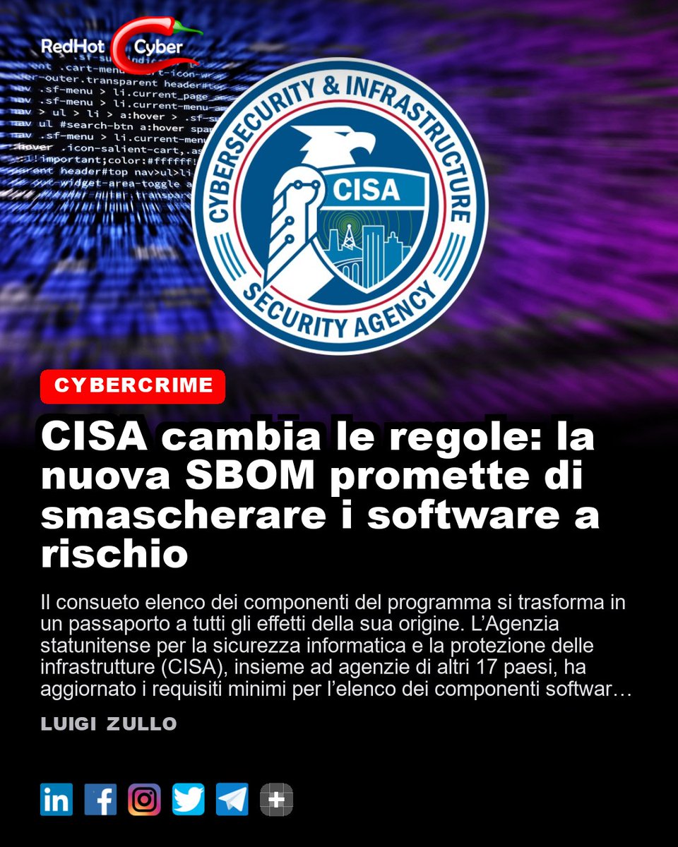 redhotcyber's tweet photo. CISA cambia le regole: la nuova SBOM promette di smascherare i software a rischio
📌 Link all'articolo : https://t.co/wh6GIZjDlT
Luigi Zullo
#redhotcyber #cybersecurity #cybercrime #hacking #cti #ai #privacy #news #technology https://t.co/I7fscXxo9L