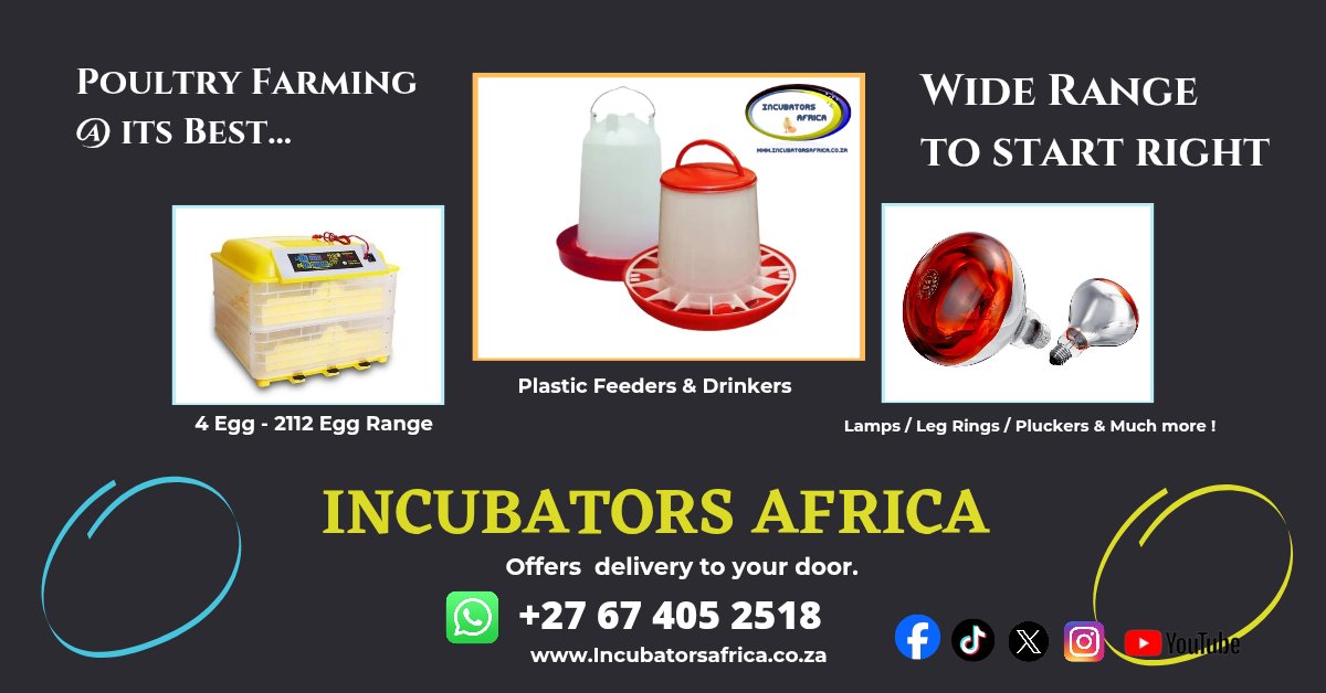 Jamesnk2023's tweet photo. 🐥 Ready to take your poultry farming to the next level?

Find premium poultry equipment at affordable prices:

✔ Egg Incubators
✔ Feeders &amp; Drinkers
✔ Pluckers
✔ Poultry Accessories

🚚 Delivery anywhere in South Africa.

🛒 Shop today: https://t.co/kJbzp7RW6o https://t.co/NNcm2ac1Lb