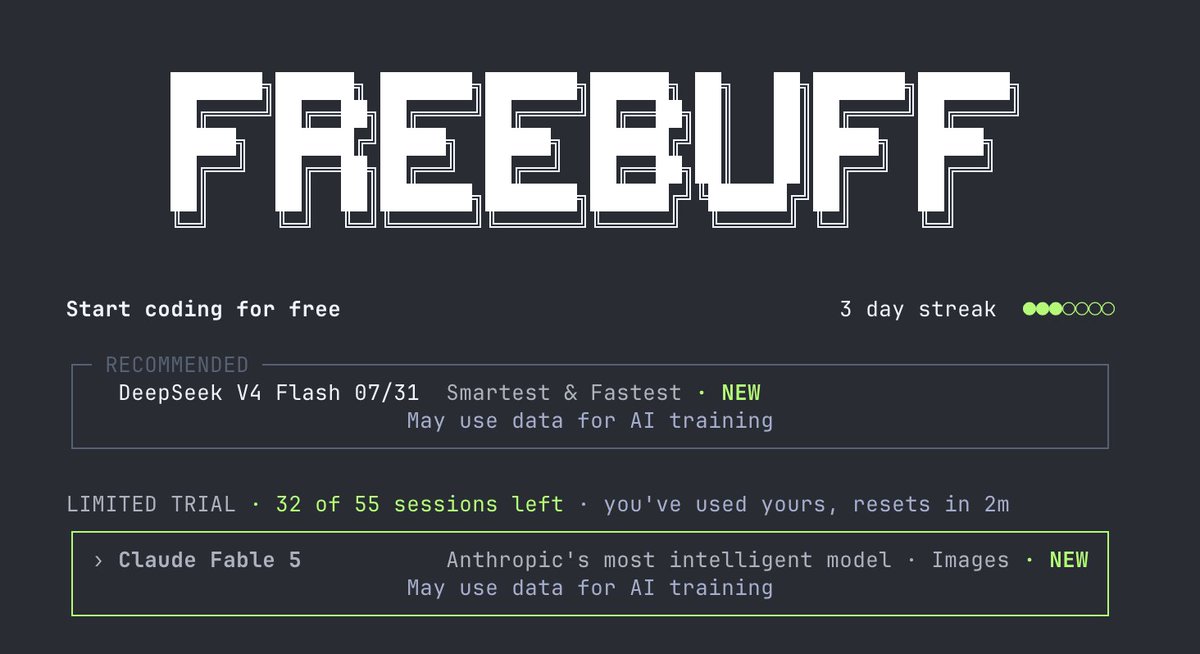 sefiddev's tweet photo. از Fable 5 تا دیپ‌سیک فلش جدیده تا ۵۵ سشن رایگان میده.
نسخه وب هم داره.
npm i -g freebuff
لینک نسخه وب رو هم براتون گذاشتم. https://t.co/t539zv2Tt0