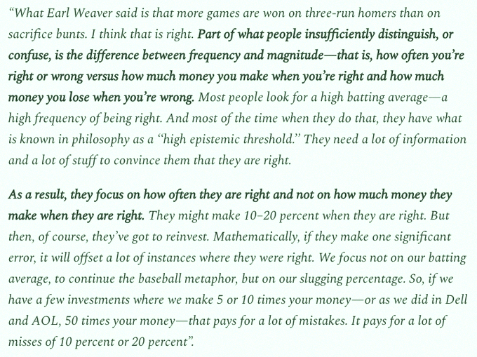 bLumark20's tweet photo. Bill Miller breaking down batting vs. slugging average: "What folks don't really separate is frequency from magnitude—meaning, how often you're right or wrong, versus how much you gain when you're right and how much you lose when you're wrong." https://t.co/ADDmQyKfnE