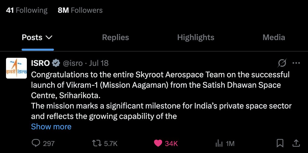 aravind's tweet photo. ISRO's X account is still stuck at a post from July 18. Eight million Indians who look up to the organization follow it. Most of them young and Gen-Z. NASA tagged ISRO in their posts about recent discoveries but even that wasn't noticed I guess.

I am not complaining, but just humbly suggesting - such reach and influence should not be wasted. 

Every minute our youth are not engaged with productive, educational, scientific, and patriotic content, is a min given away to India's adversaries to program them against the nation, its institutions, and the government. 

Such information bandwidth must not be wasted. It doesn't matter what other ISRO handles post or not post.

ISRO and all depts of GoI must have a good, productive, engaging social media team. May be GoI can create a centralized center, with a shared team, and run SM operations for all govt departments if each org finds it difficult to run on its own.

Daily engaging and informative content must be served targeting the youth. To make them feel connected and proud of India. This is the basic that needs to be done even if not fight the infowar on India seriously. There must be no information and communication vacuum from GoI.

For example, ISRO can post about space, new tech it's developing, videos on its missions, interviews with scientists, and news like the one below. So many youth will work for free if given an internship for such jobs.

@PMOIndia @narendramodi @isro @MIB_India