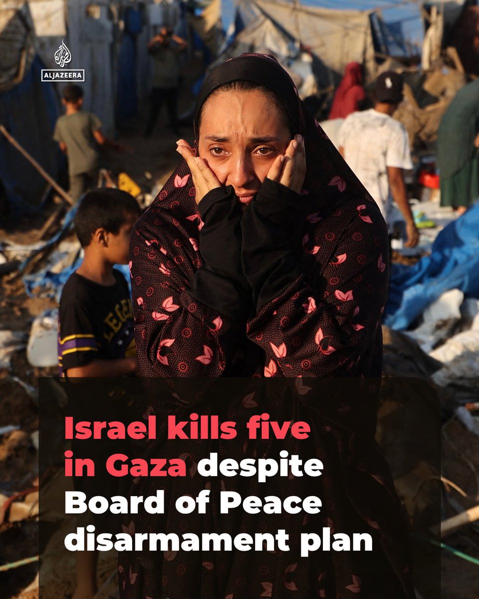 AJEnglish's tweet photo. Israeli forces have killed at least five Palestinians in strikes across Gaza, two days after the Board of Peace published a 15-point roadmap aimed at implementing last year’s ceasefire agreement.

🔗 https://t.co/5U4hVrlEbz https://t.co/z2e6dbe11s