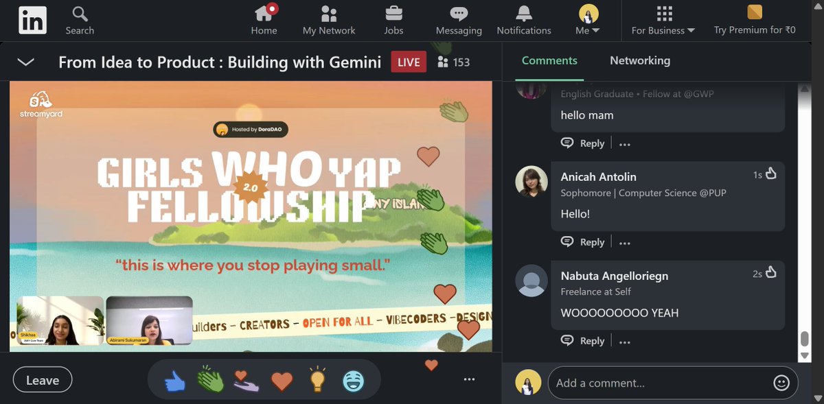 kmdcodes's tweet photo. Spent yesterday learning how to go from idea to AI-powered product with Gemini at the Girls Who Yap 2.0 Fellowship by @connectdoradao  @AbiS_Google 🌟

Sharing my notes from the session👇

#GWYFellowship #Gemini #GoogleAIStudio #VibeCoding #BuildInPublic #AI https://t.co/6mYpdkxh3M