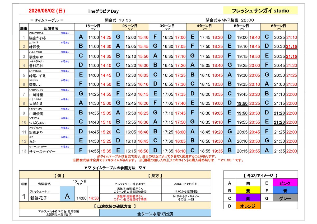 fresh_pedia's tweet photo. 2026/08/02(日)【フレッシュフォトセッション / ＃TheグラビアDay 】のタイムテーブルです。※12:50更新。当日の状況によっては変更の可能性があります。
#フレッシュ撮影会  #セッション
https://t.co/uMa6qWHueR https://t.co/xmNUxxAIBA