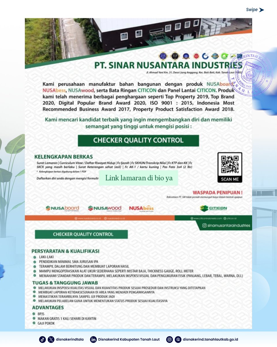 DisnakerindTala's tweet photo. 📢 LOKER PABRIK!  (SNI) mencari:

PELAKSANA QCL AAC CHECKER (QUALITY CONTROL)
✅ Laki-laki, Min. SMA (Diutamakan IPA)
✅ Tidak buta warna &amp; Mahir Ms. Office
✅ Pengalaman 1-2 thn diutamakan
✅ Ada Gaji Pokok, BPJS &amp; Makan

Daftar: https://t.co/wNSEA4xS6R
RT! #LokerTala https://t.co/4LRt5uSy9u