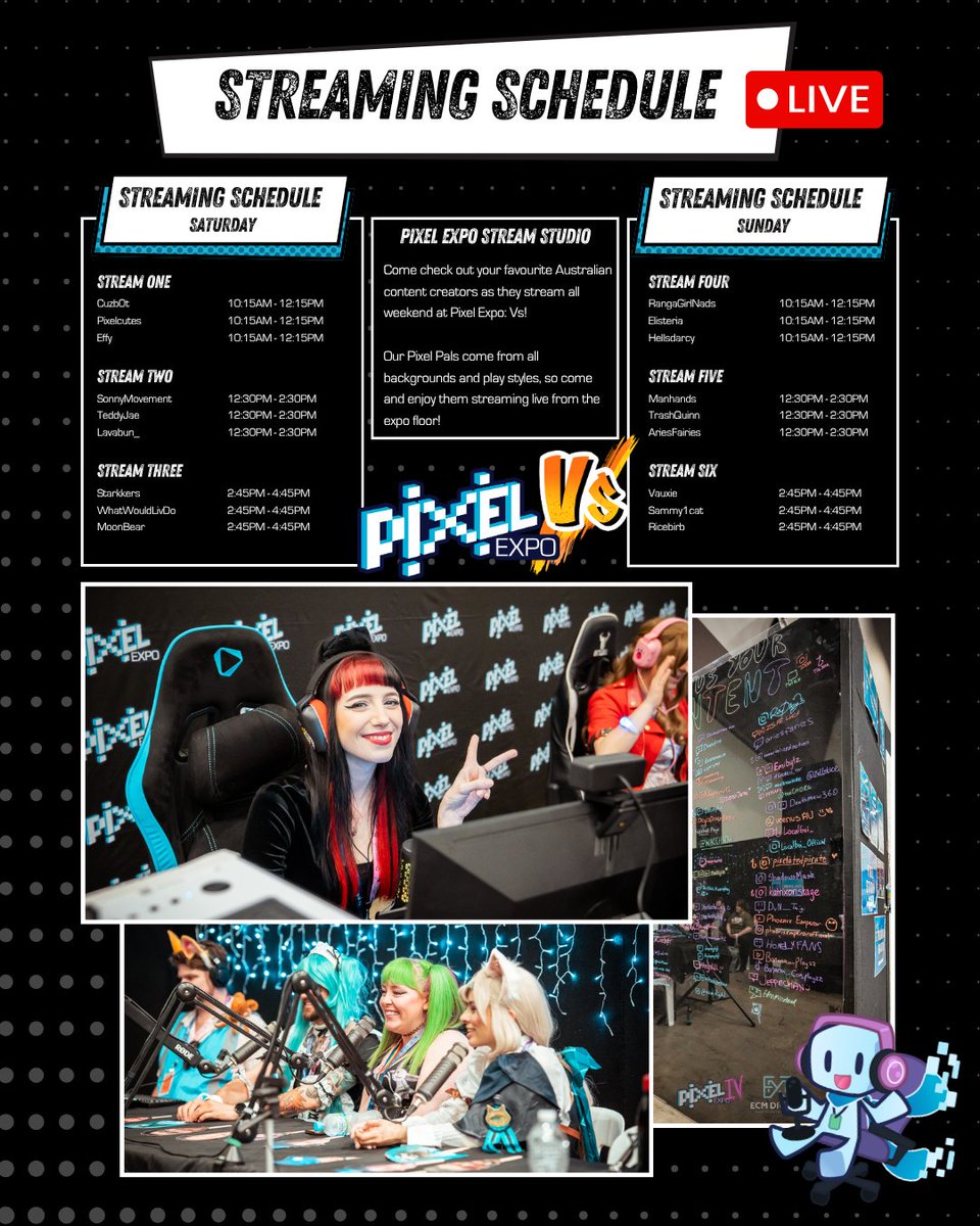 MyPixelExpo's tweet photo. Do you like content creators? Well we’ve got them!

Check out our very own Pixel Pals as they stream and compete over the Pixel Expo Vs weekend. Appearing in the Riverside Theatre for Pixel Plays, and on the pavilions for live streaming and Pixel Rumble. https://t.co/1vIkhpUeTm