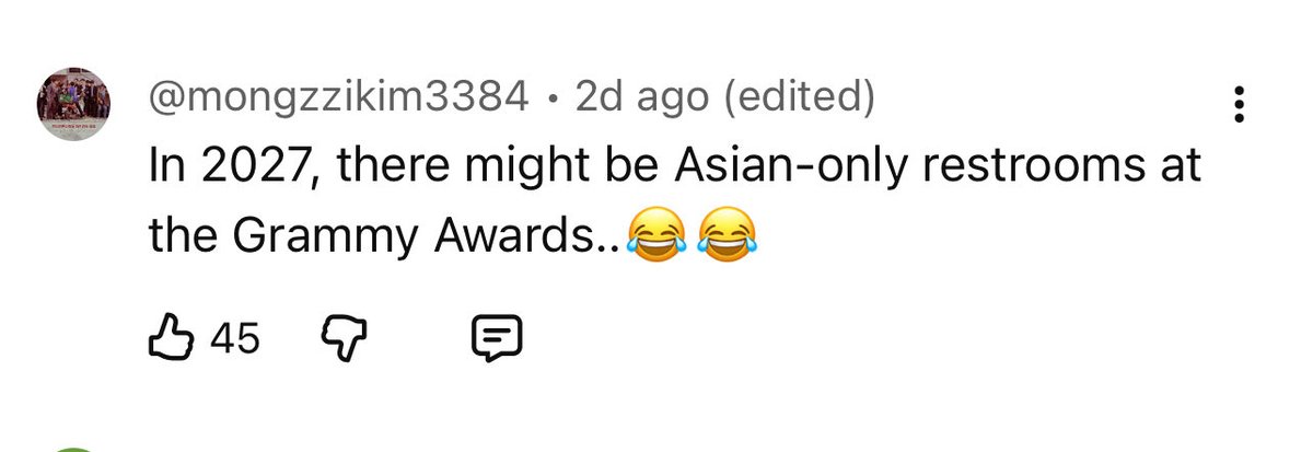 7adorablereps's tweet photo. “In 2027, there might be Asian-only restrooms at the Grammy awards”

#ArtHasNoAliens #BTS https://t.co/lCXHcKC3PU