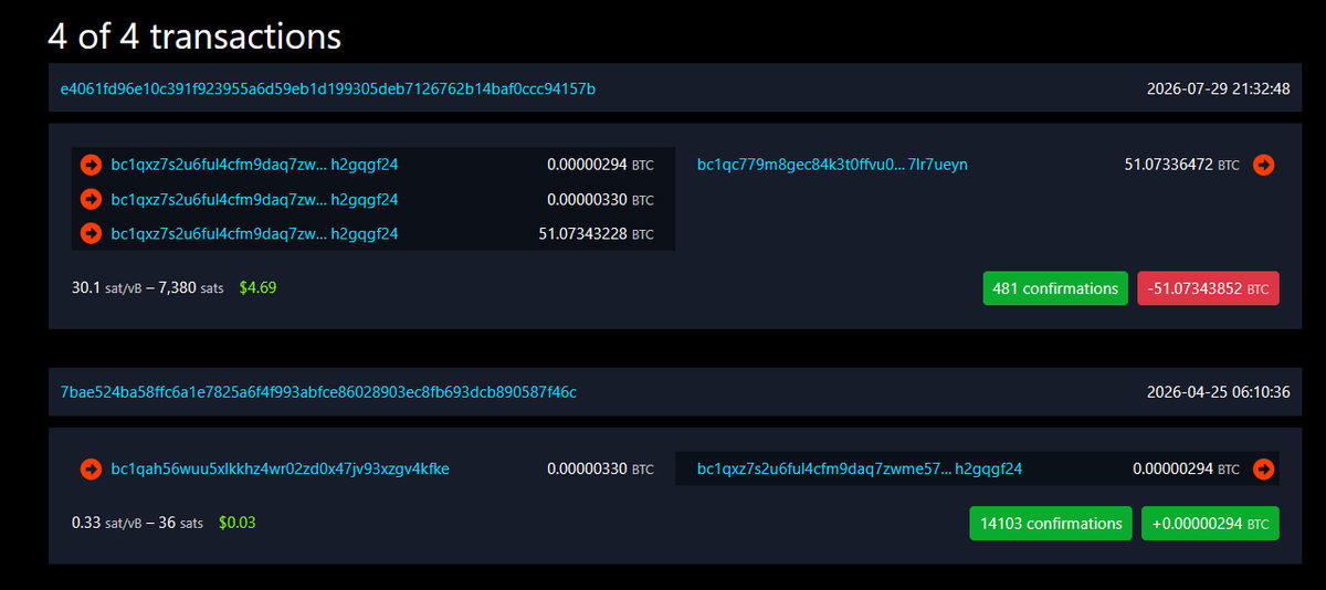 LightningSats's tweet photo. I just noticed that the Coldcard thief started dusting the largest wallets they were going to attack back in late April / early May. https://t.co/hhZwUJTwhT