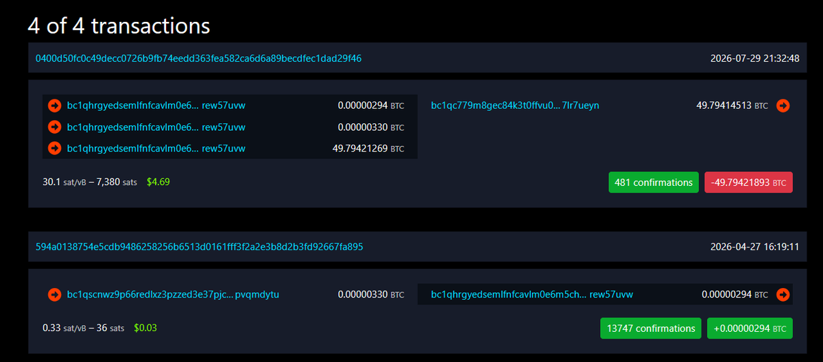 LightningSats's tweet photo. I just noticed that the Coldcard thief started dusting the largest wallets they were going to attack back in late April / early May. https://t.co/hhZwUJTwhT